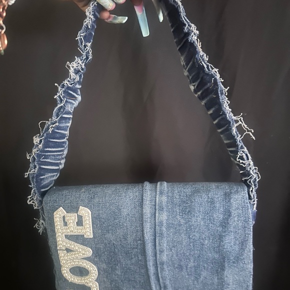 kraftyey Handbags - Chic Denim Shoulder Bag with Love Design